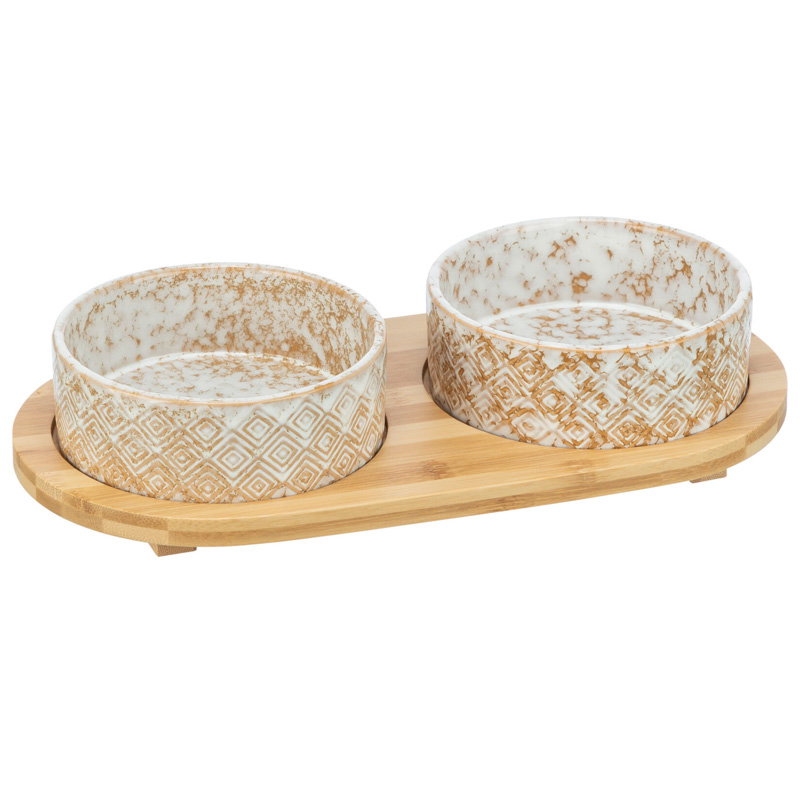Trixie Set Voerbak / Waterbak Keramiek / Bamboe Wit / Natuur