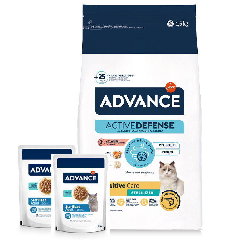 Advance kattenvoer Sterilized Sensitive zalm met kabeljauw natvoer zakjes, 1,5 kg + 2x85 g