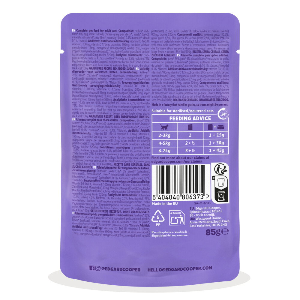 Edgard & Cooper Kat Adult Saus Pouch Eend & Kalkoen 85 gr - Afbeelding 2