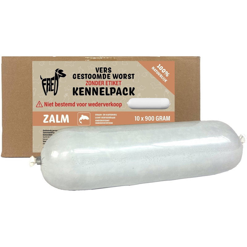 Freds Gestoomd Vers Vlees Worst Kennelpack Zalm Graan En Glutenvrij 10X900 Gr