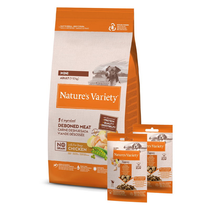 Natures Variety Adult Mini Chicken Graanvrij + 2 Freeze Dried Toppers 1,5 Kg + 2X120 Gr